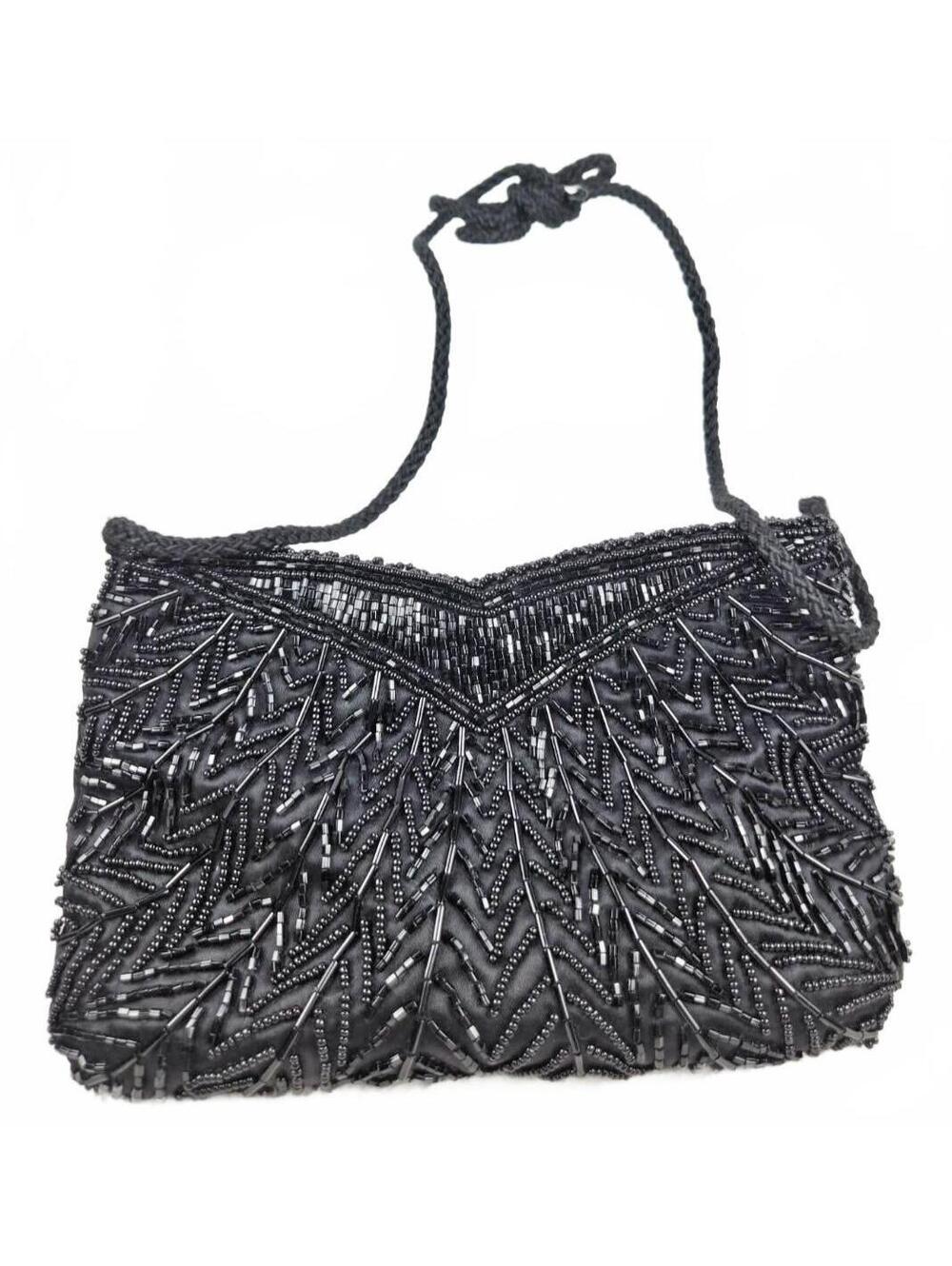 Black Beaded Evening Shoulder Bag with Zip Closure